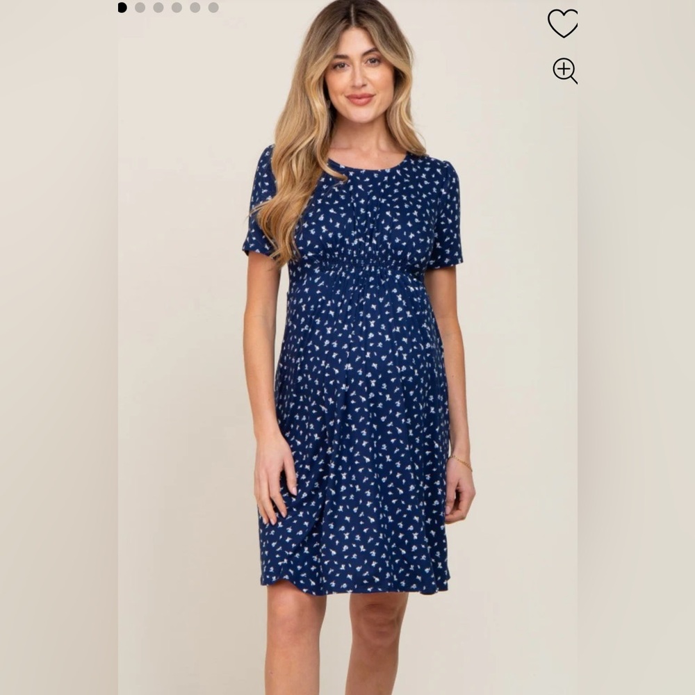 Pinkblush Navy Floral Smocked Short Sleeve Maternity Dress